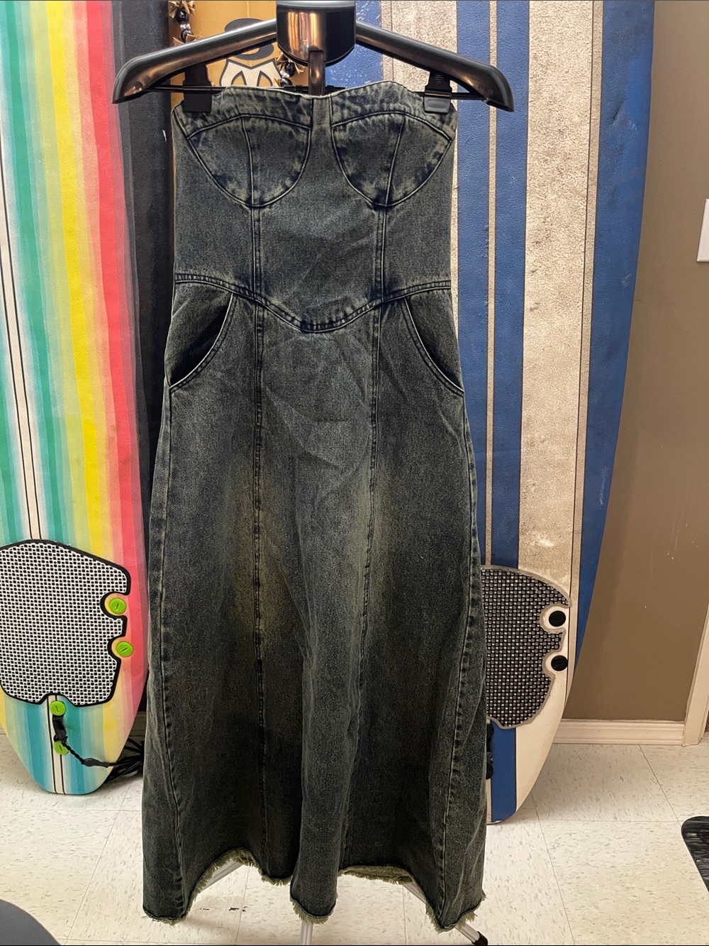 Strapless Faded Black Denim Maxi Dress